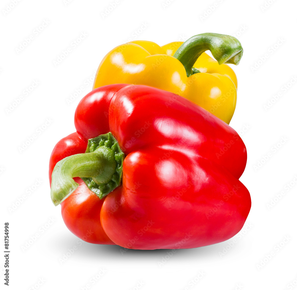 Fresh vegetables Two sweet Red, Yellow Peppers isolated on white Fresh vegetables Two sweet Red, Yellow Peppers isolated on white