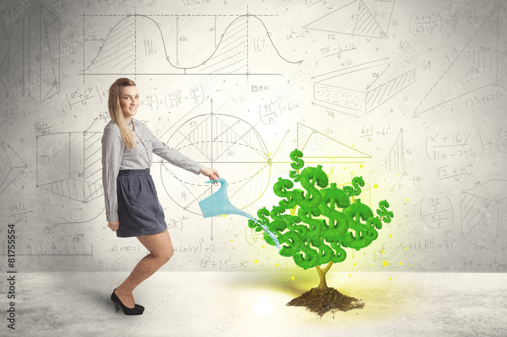 Business woman watering a growing green dollar sign tree Business woman watering a growing green dollar sign tree