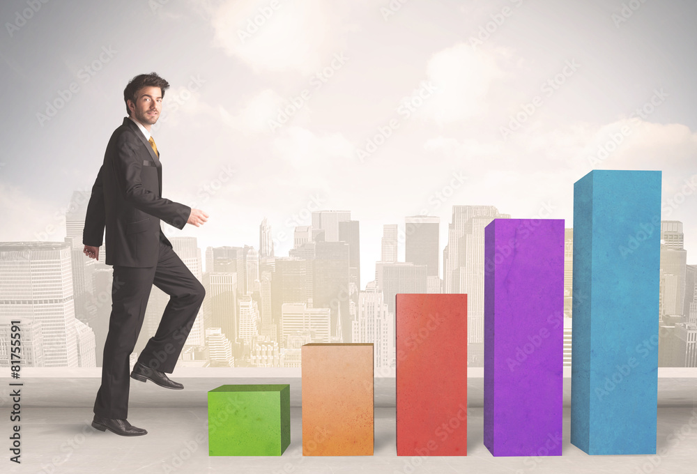 Business person climbing up on colourful chart pillars concept Business person climbing up on colourful chart pillars concept