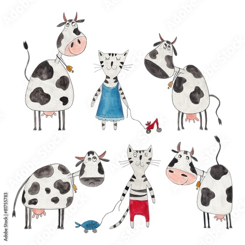Cows and cats. Cartoon characters over white