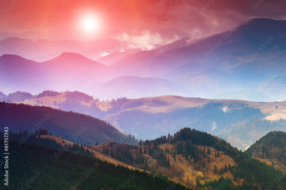 Colorful sunset in the mountains landscape.