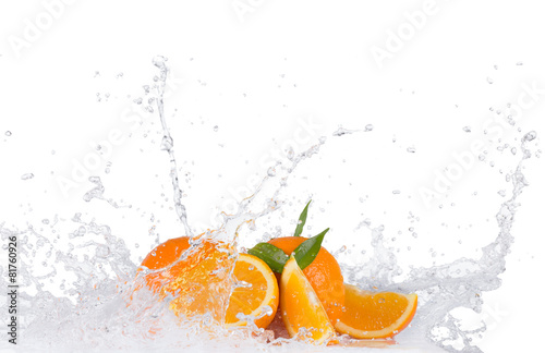 Oranges with water splashes on white background