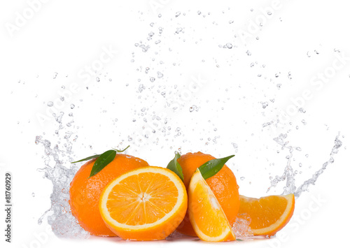 Oranges with water splashes on white background