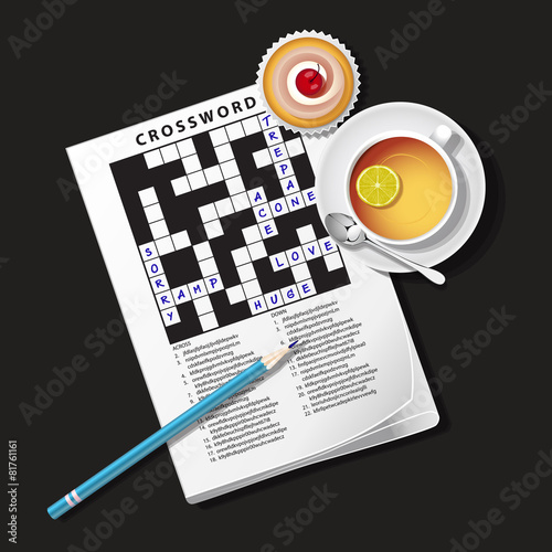 illustration of crossword game, mug of tea and cup cake