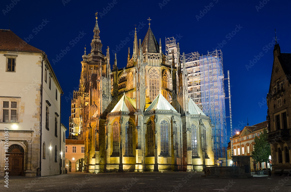 rear view of St. Vitus Cathedral at night