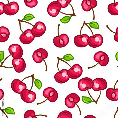 Seamless pattern with stylized fresh ripe cherries