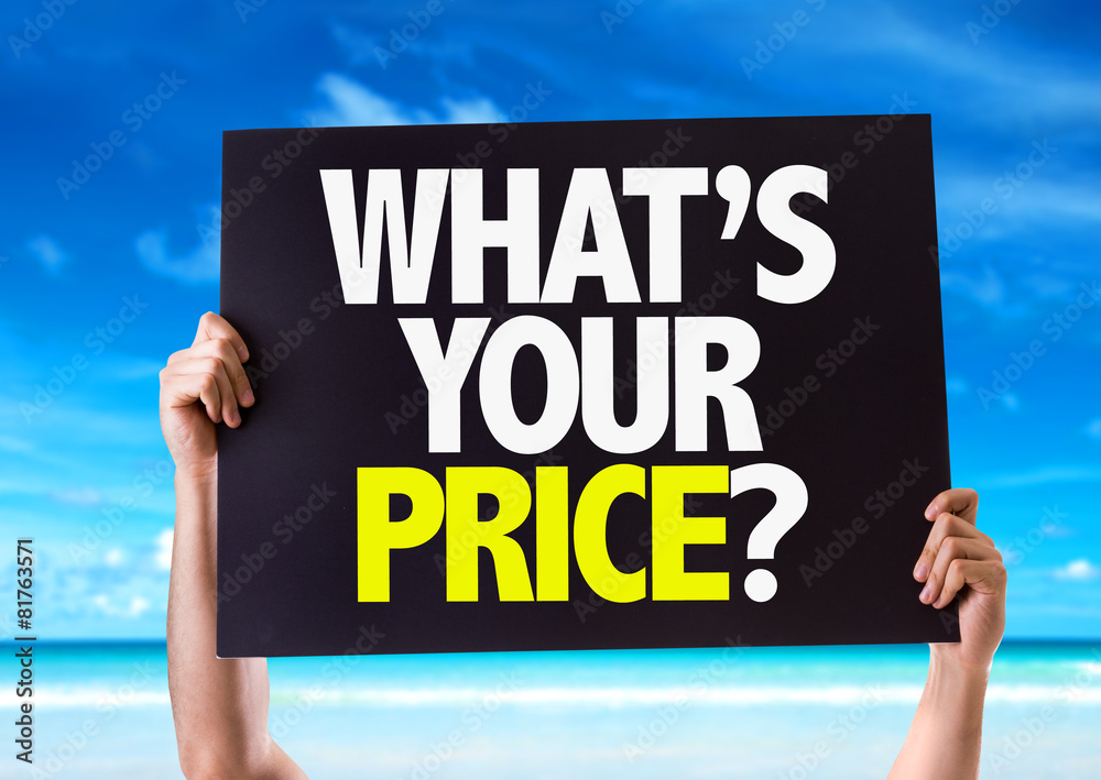 Whats Your Price? card with beach background Whats Your Price? card with beach background