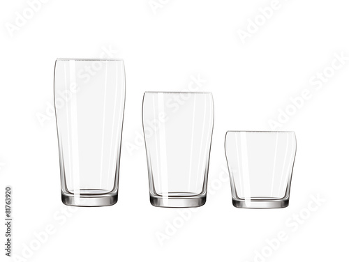 Transparent big, medium small glass set isolated composition.