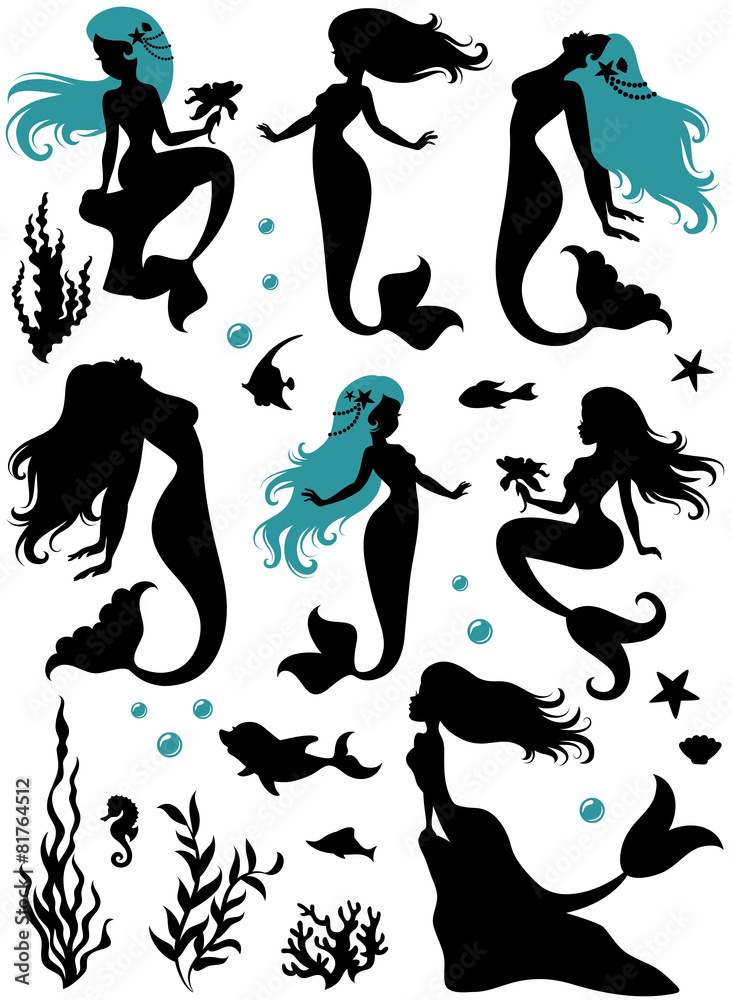 Collections of vector silhouettes of mermaids.