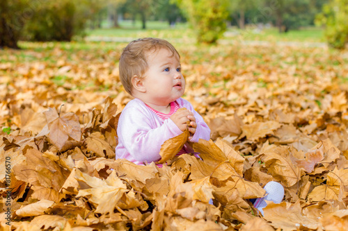  baby playing with autumn leaves