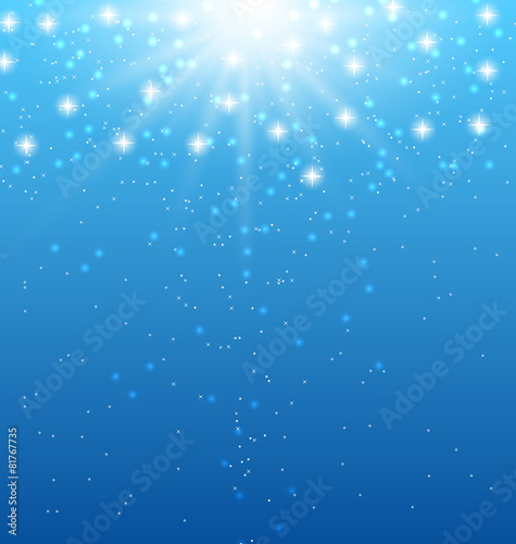 Abstract blue background with sunbeams and shiny stars