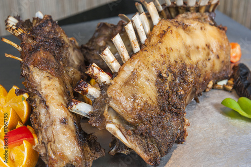 Lamb chops at a restaurant buffet carvery