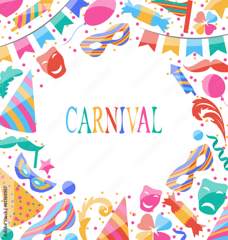 Celebration Carnival card with party colorful icons and objects