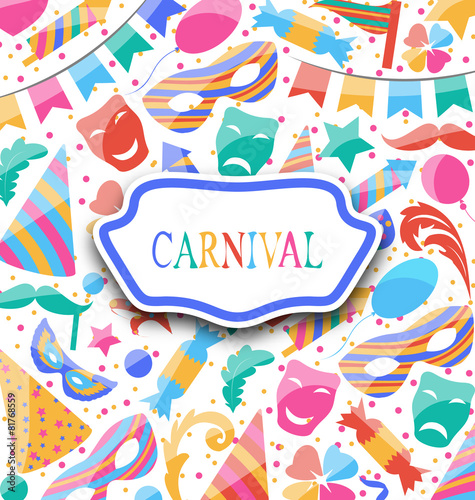 Festive postcard with carnival colorful icons and objects