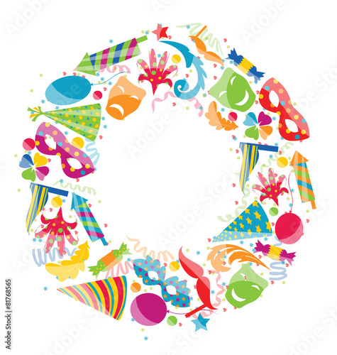 Festive round frame with carnival colorful objects, copy space f