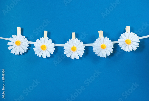 Chamomile flower clothespins decoration on blue background