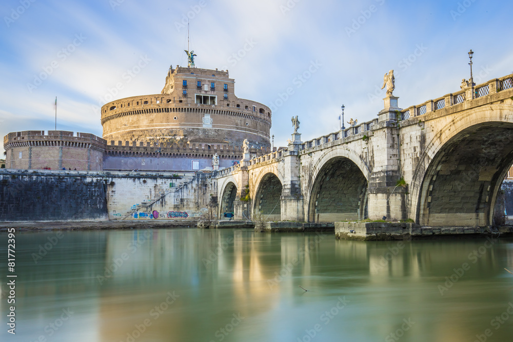 Saint Angel Castle and a bridge over the Tiber river in Rome.