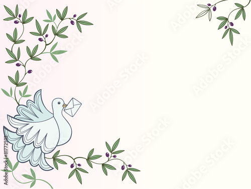Dove with letter sitting on an olive tree background