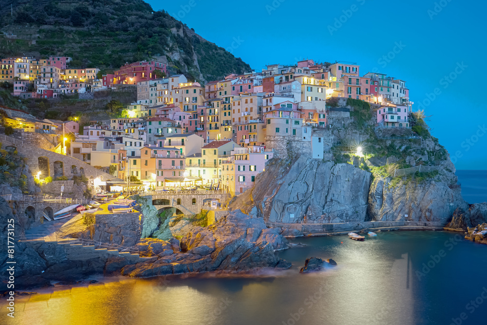 Twilight of Manarola, one of the five villages of the Cinque Ter
