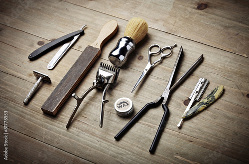 Vintage tools of barber shop on wood desk