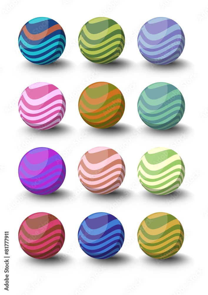 Set of spheres with waves, different color variants with shadow Set of spheres with waves, different color variants with shadow