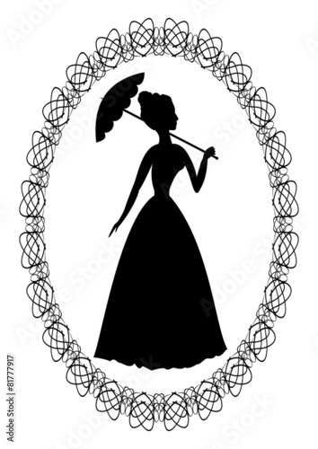 Silhouette of rococo lady with umbrella, vintage retro drawing 