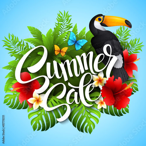 Vector illustration with tropical plants and flowers