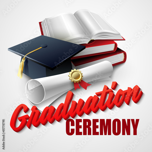 Graduation Ceremony. Book, hat and certificate. Vector
