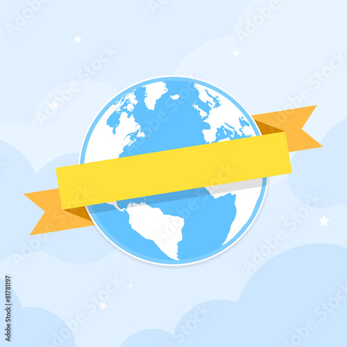 Earth icon with ribbon banner around. Vector illustration