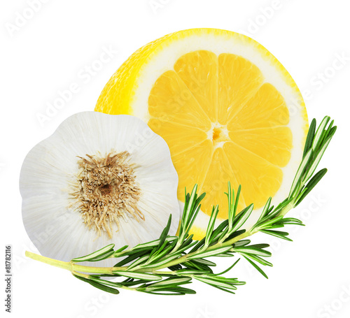 Lemon with rosemary and garlic isolated on white background