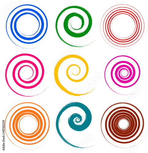 Set of colorful, grungy spiral elements