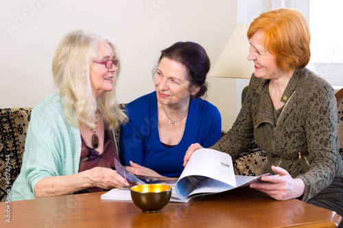 Middle Age Women Friends Talking at Living Area.