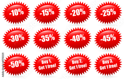 Discount badges and Buy 1, buy 2, buy 3... Get 1 free badges. (r
