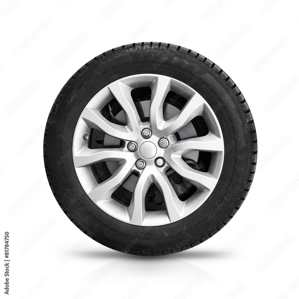 Automotive wheel on gray light alloy disc isolated Automotive wheel on gray light alloy disc isolated