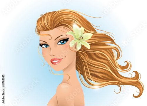 Beautiful spring girl with lily in her hair.
