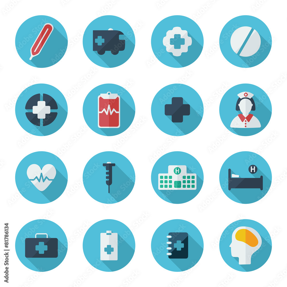 Flat concept, set modern design with shadow medical icons