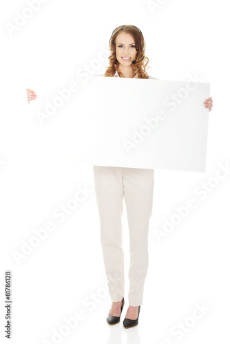 Call center woman with empty banner.