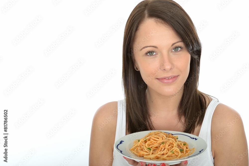 Attracrtive Young Woman Holding a Plate of Spaghetti Pasta