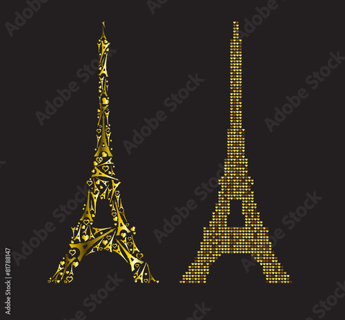 Fototapeta Naklejka Na Ścianę i Meble -  Gold Eiffel Tower consisting of small gold hearts and Eiffel Tow