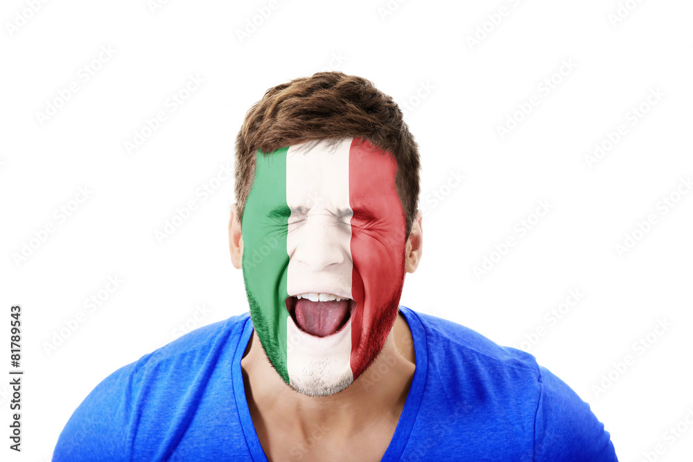 Screaming man with Italy flag on face. Screaming man with Italy flag on face.