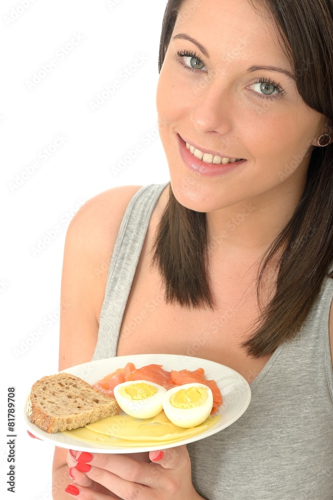 Young Woman Holding a Typical Healthy Norwegian Breakfast