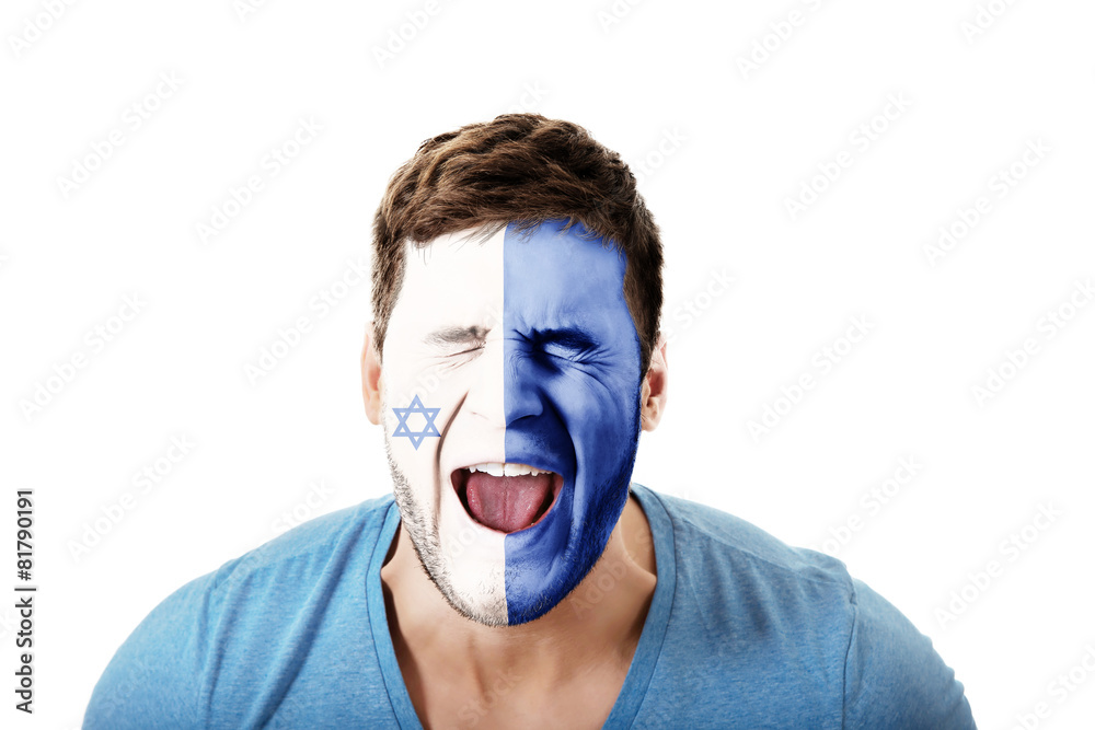 Screaming man with Israel flag on face. Screaming man with Israel flag on face.