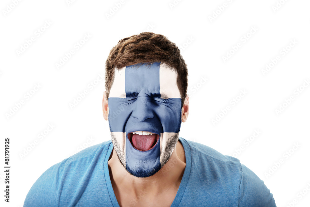 Screaming man with Finland flag on face. Screaming man with Finland flag on face.
