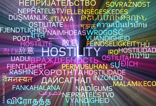 Fototapeta Naklejka Na Ścianę i Meble -  Hostility multilanguage wordcloud background concept glowing