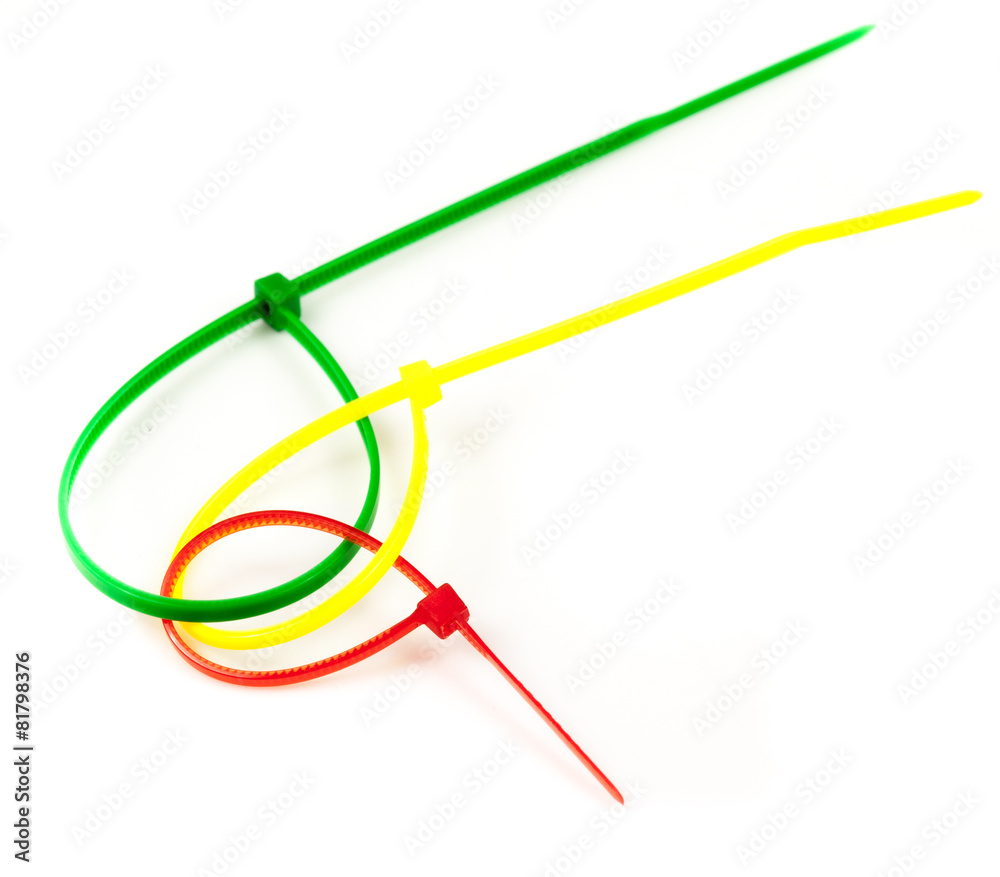 Colorful zip cable ties isolated against white background Colorful zip cable ties isolated against white background