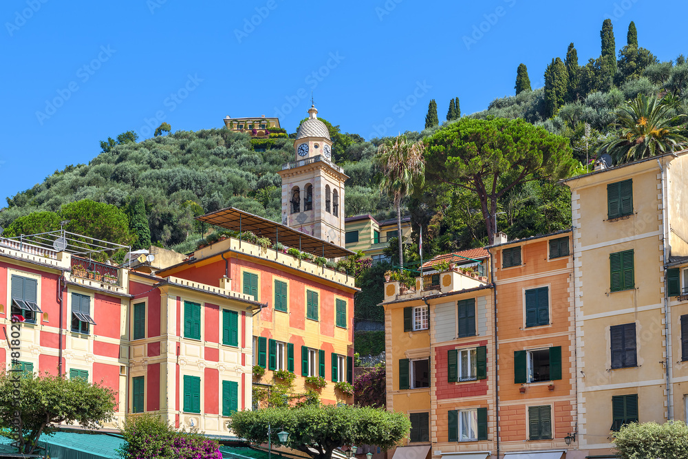 Belfry and colorful houses of Portofino.