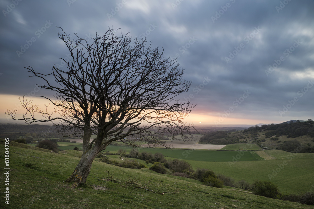 Stunning vibrant Spring sunrise over English countryside landsca