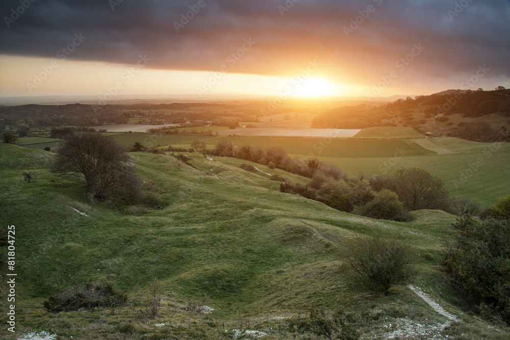 Stunning vibrant Spring sunrise over English countryside landsca