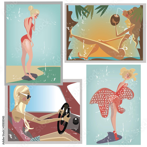 4 cards with a beautiful girls