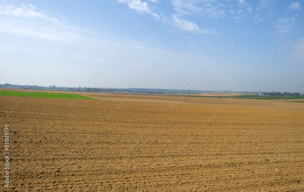Panorama of a sunny plowed field in spring